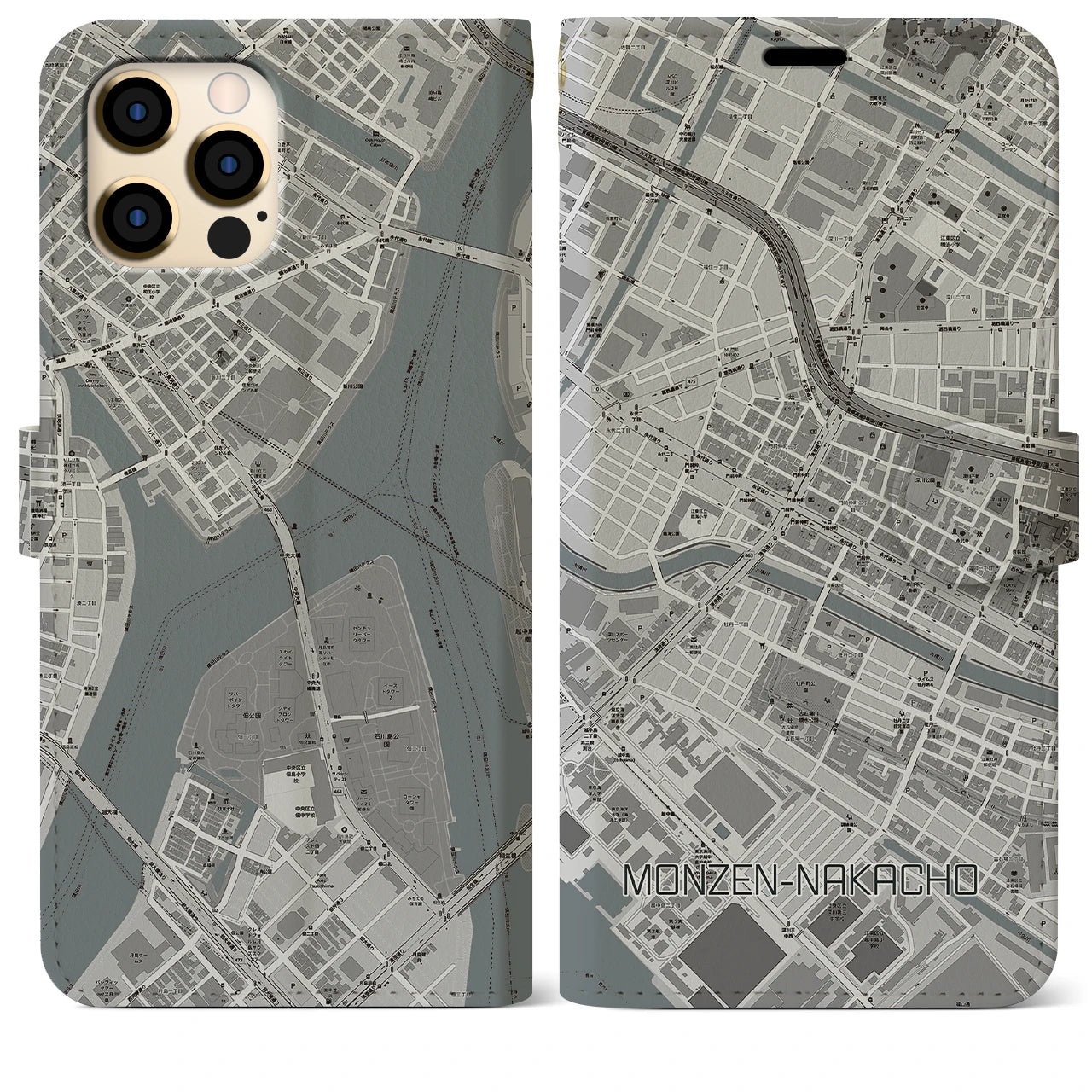 【門前仲町(東京都)】地図柄iPhoneケース(手帳タイプ)モノトーン・iPhone 12 Pro Max 用