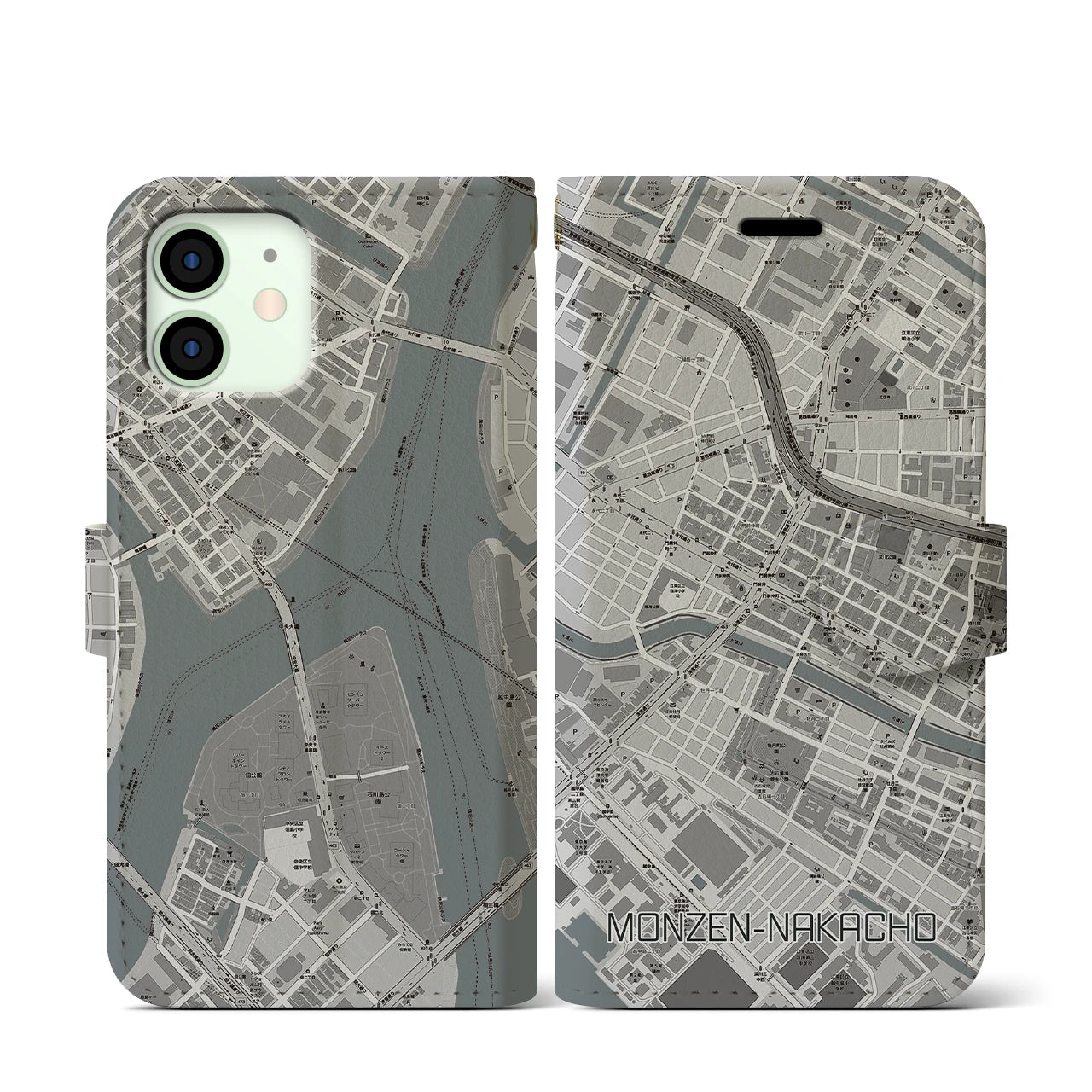 【門前仲町(東京都)】地図柄iPhoneケース(手帳タイプ)モノトーン・iPhone 12 mini 用