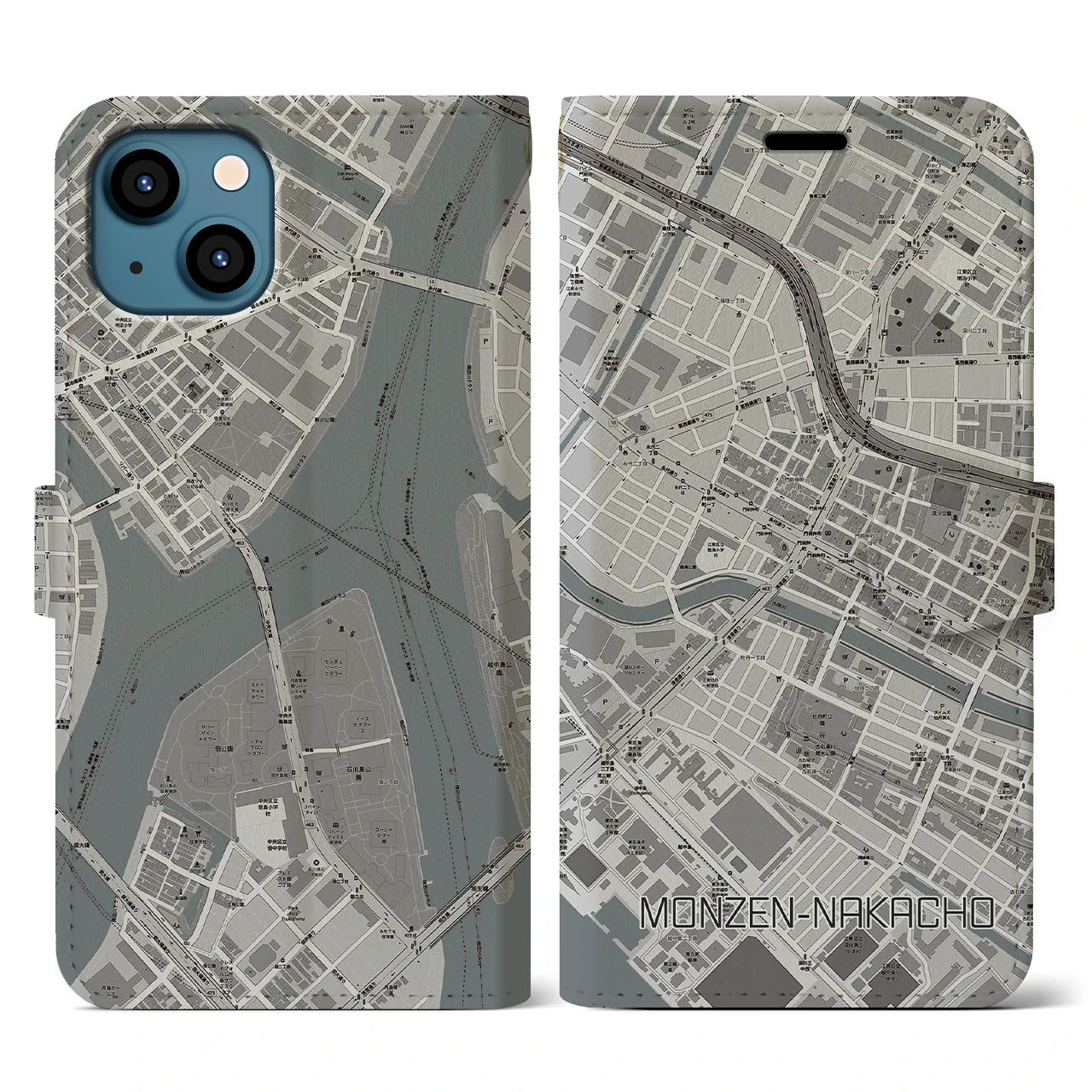 【門前仲町(東京都)】地図柄iPhoneケース(手帳タイプ)モノトーン・iPhone 13 用
