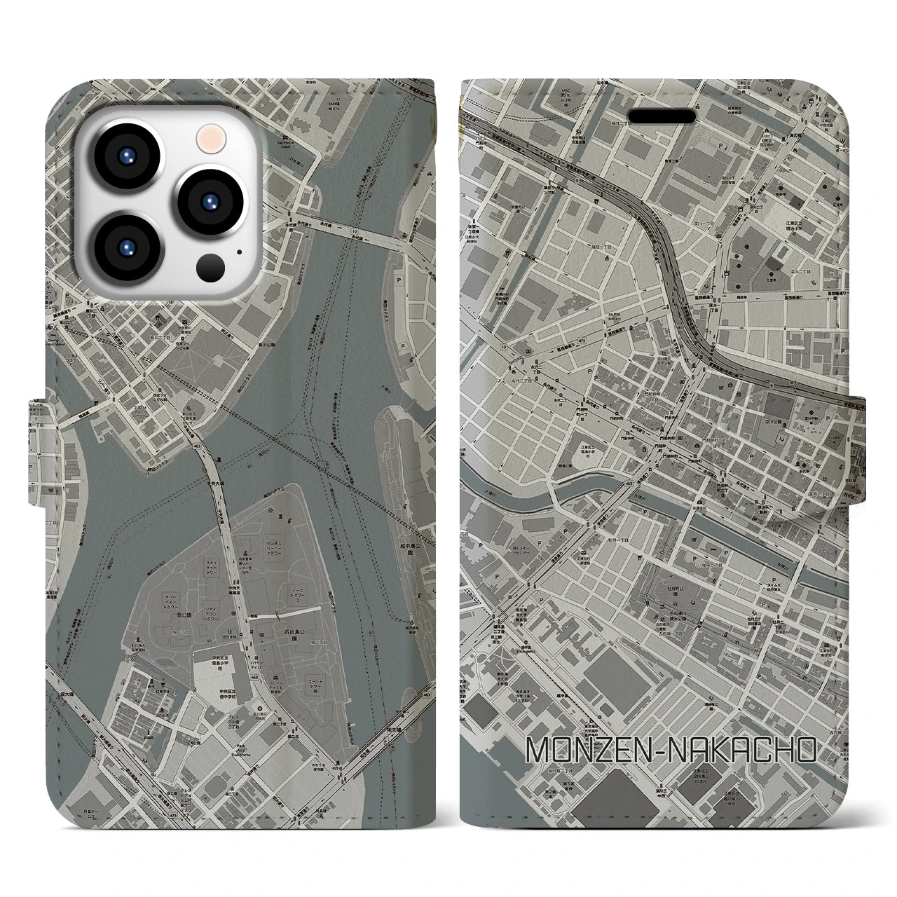 【門前仲町(東京都)】地図柄iPhoneケース(手帳タイプ)モノトーン・iPhone 13 Pro 用