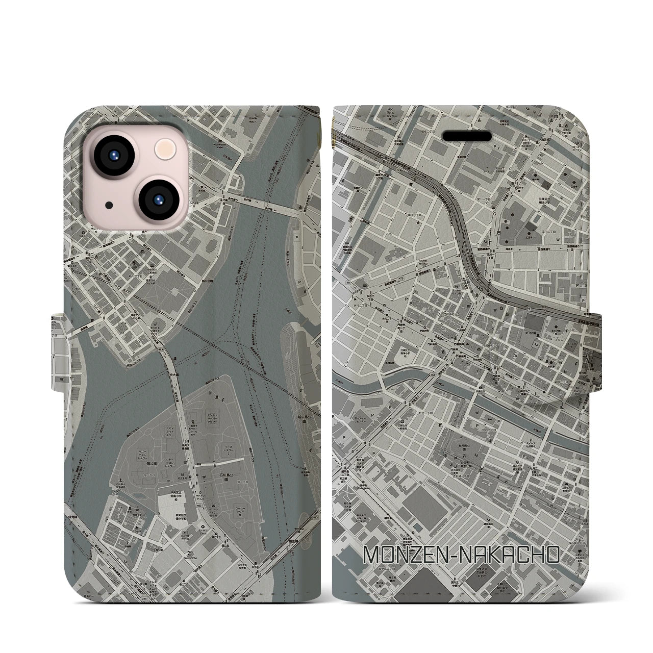 【門前仲町(東京都)】地図柄iPhoneケース(手帳タイプ)モノトーン・iPhone 13 mini 用
