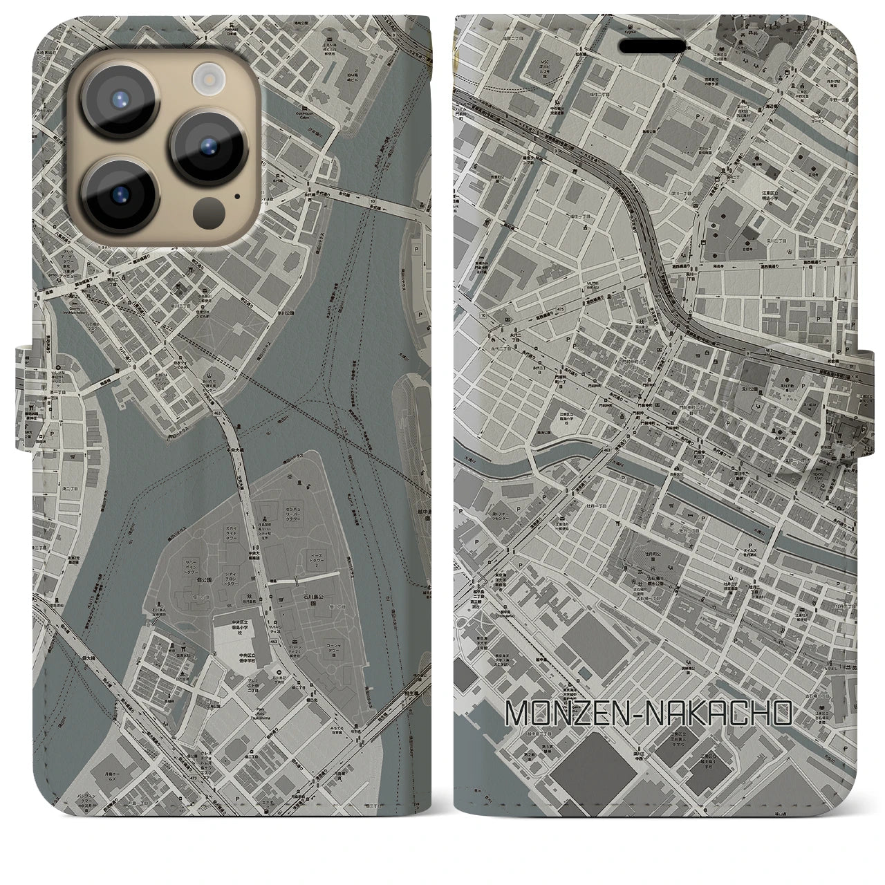 【門前仲町(東京都)】地図柄iPhoneケース(手帳タイプ)モノトーン・iPhone 14 Pro Max 用