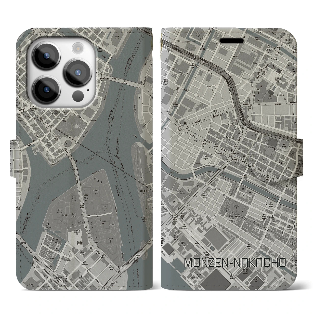 【門前仲町(東京都)】地図柄iPhoneケース(手帳タイプ)モノトーン・iPhone 14 Pro 用
