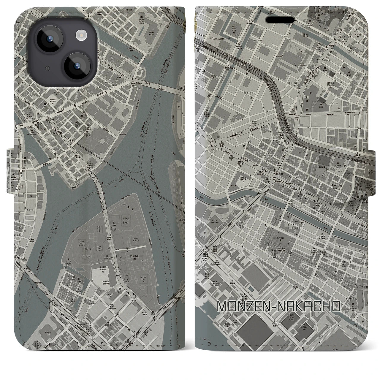 【門前仲町(東京都)】地図柄iPhoneケース(手帳タイプ)モノトーン・iPhone 14 Plus 用