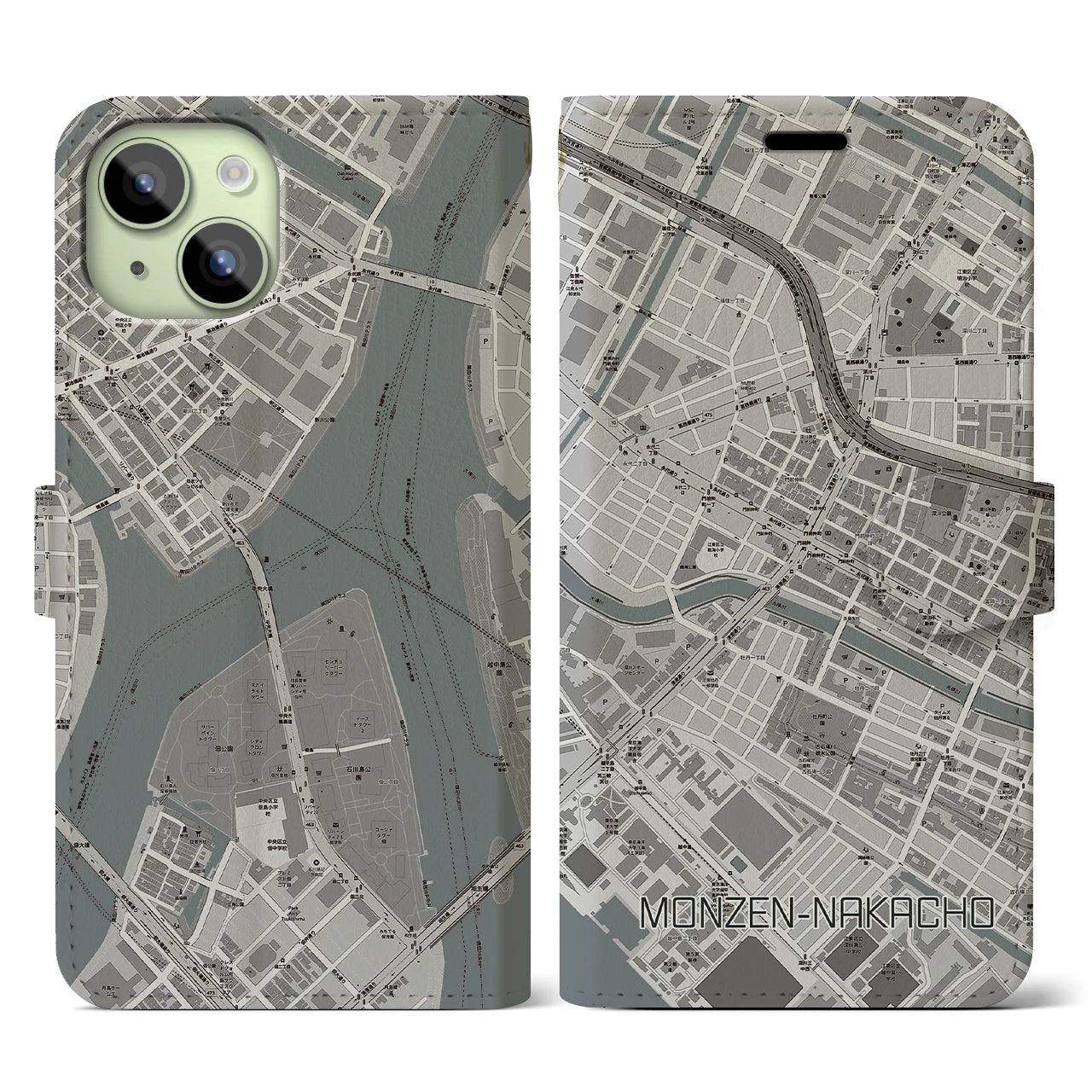 【門前仲町(東京都)】地図柄iPhoneケース(手帳タイプ)モノトーン・iPhone 15 用