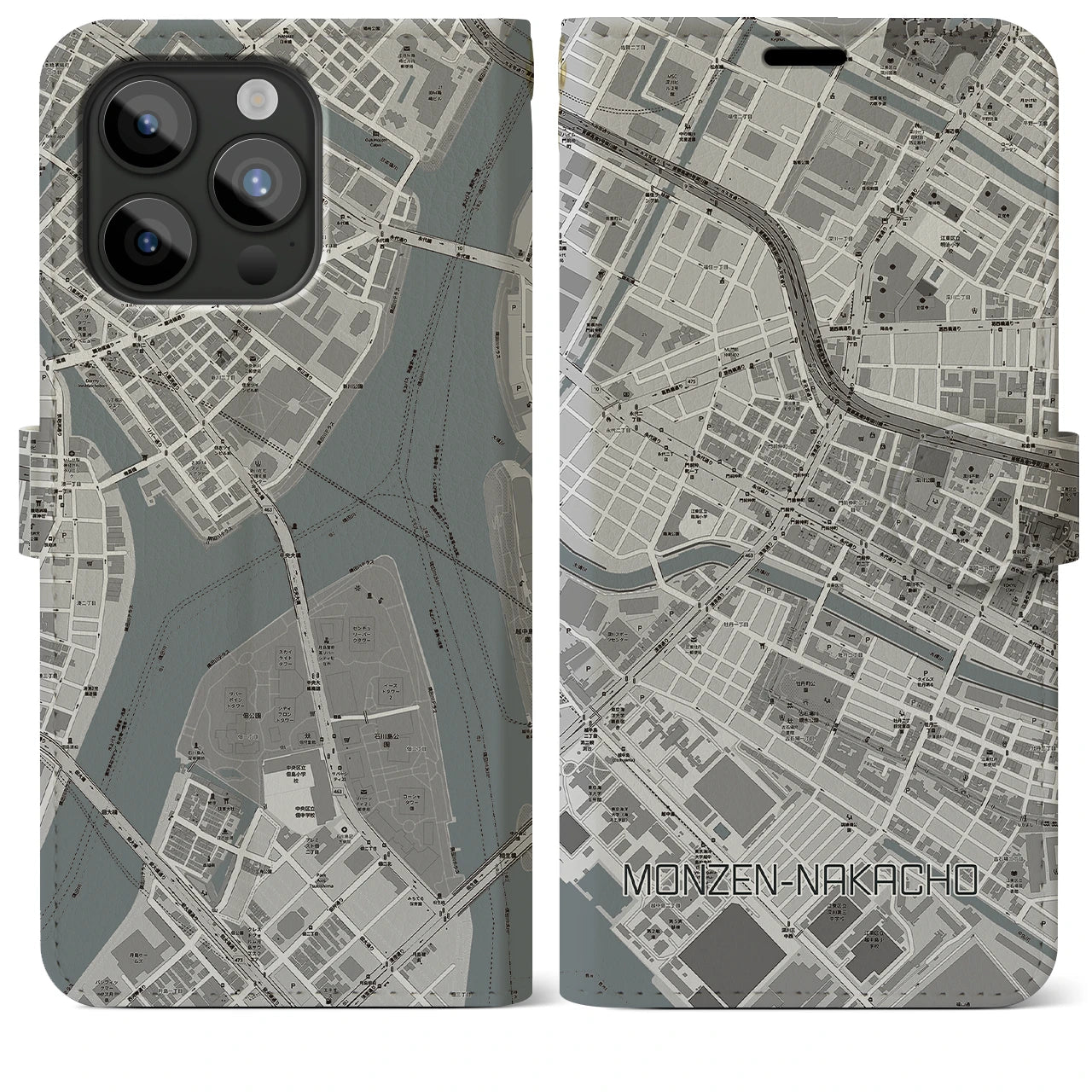 【門前仲町(東京都)】地図柄iPhoneケース(手帳タイプ)モノトーン・iPhone 15 Pro Max 用