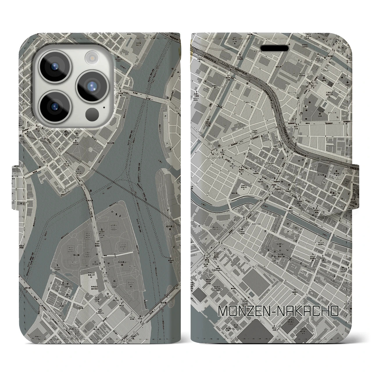 【門前仲町(東京都)】地図柄iPhoneケース(手帳タイプ)モノトーン・iPhone 15 Pro 用