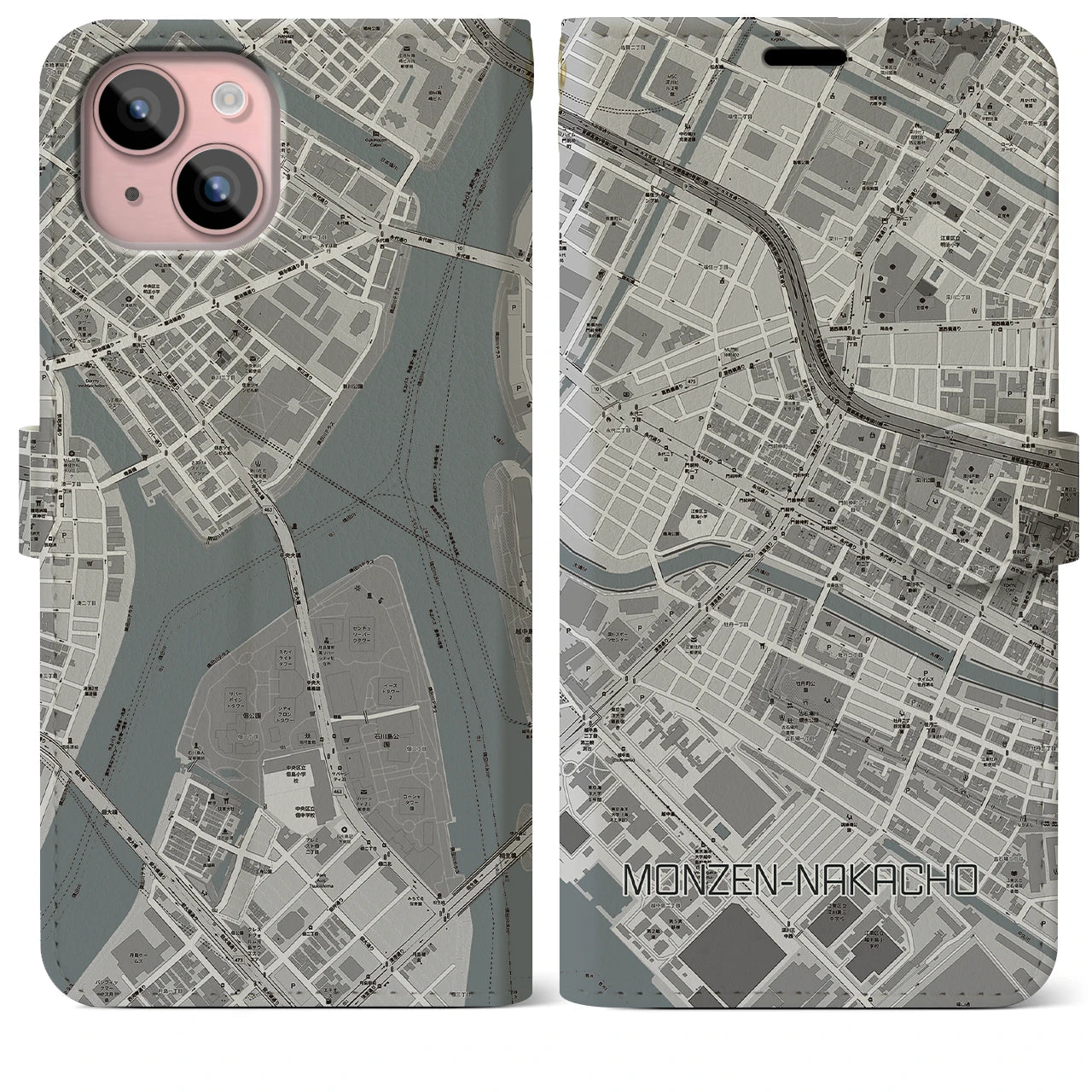 【門前仲町(東京都)】地図柄iPhoneケース(手帳タイプ)モノトーン・iPhone 15 Plus 用