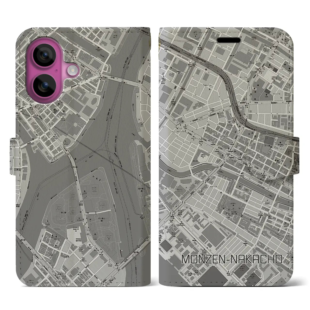 【門前仲町(東京都)】地図柄iPhoneケース(手帳タイプ)モノトーン・iPhone 16 Pro 用