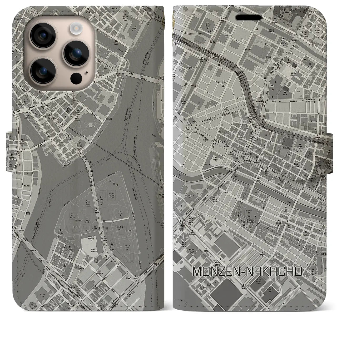 【門前仲町(東京都)】地図柄iPhoneケース(手帳タイプ)モノトーン・iPhone 16 Plus 用