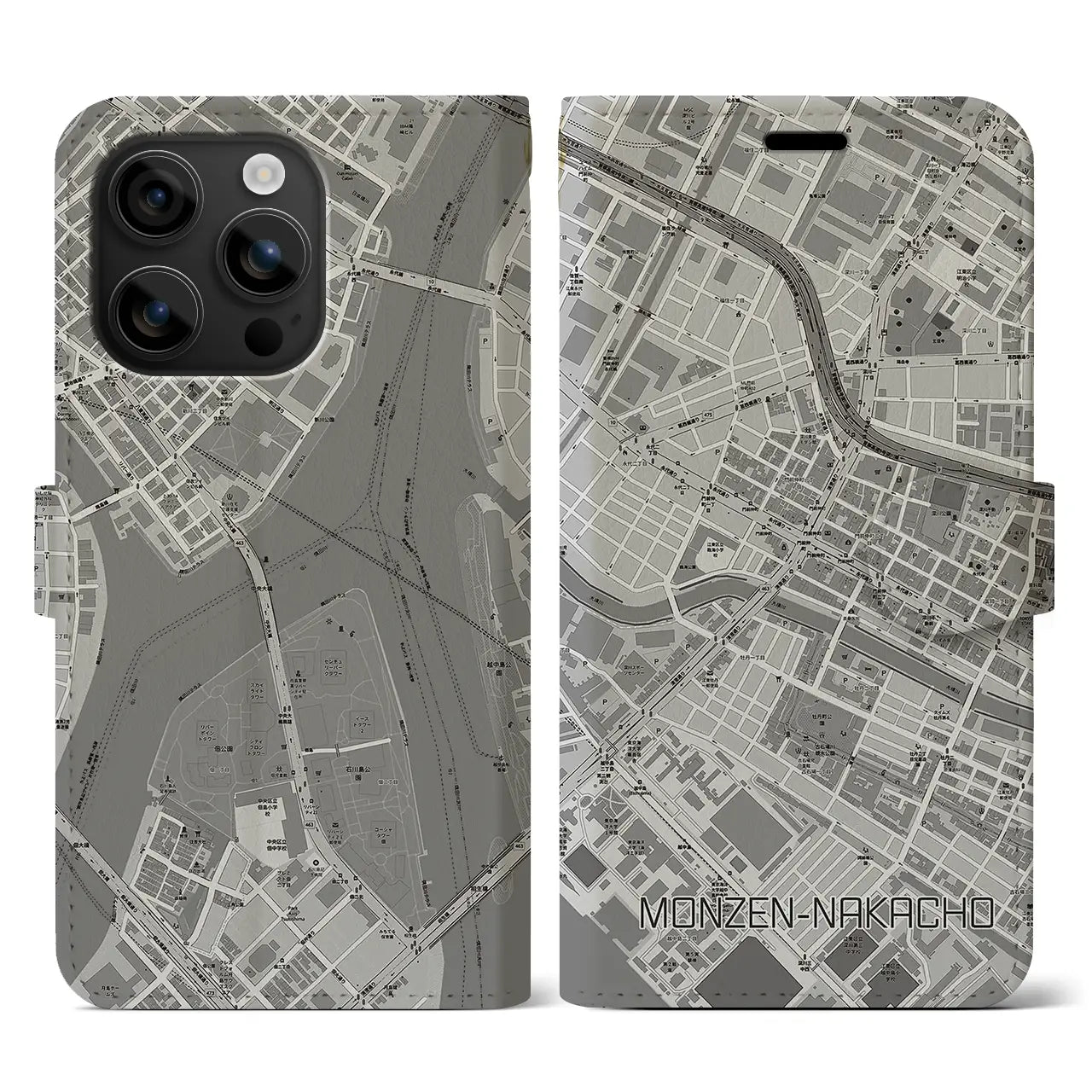 【門前仲町(東京都)】地図柄iPhoneケース(手帳タイプ)モノトーン・iPhone 16 用