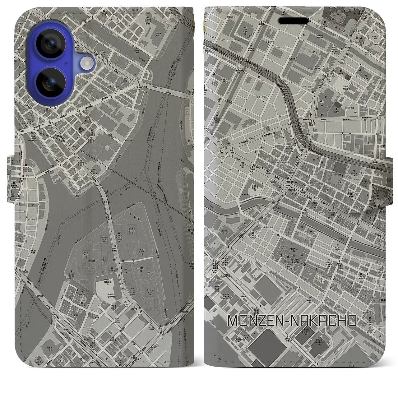 【門前仲町(東京都)】地図柄iPhoneケース(手帳タイプ)モノトーン・iPhone 16 Pro Max 用
