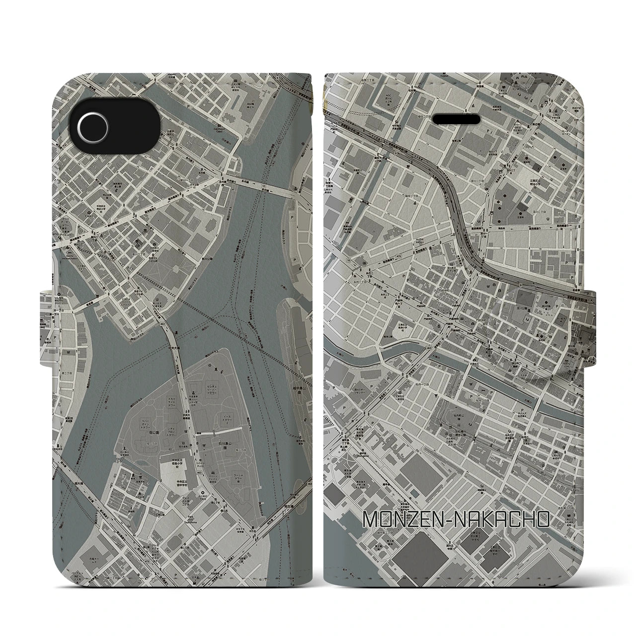 【門前仲町(東京都)】地図柄iPhoneケース(手帳タイプ)モノトーン・iPhone SE(第3 / 第2世代) / 8 / 7 / 6s / 6 用