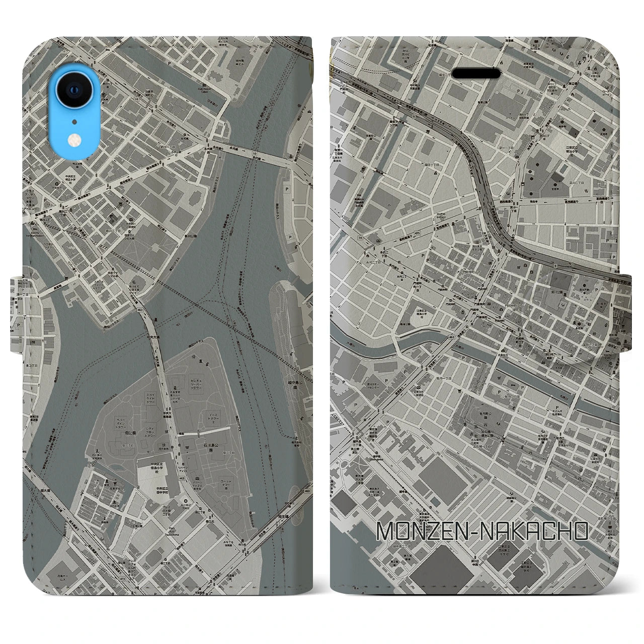 【門前仲町(東京都)】地図柄iPhoneケース(手帳タイプ)モノトーン・iPhone XR 用