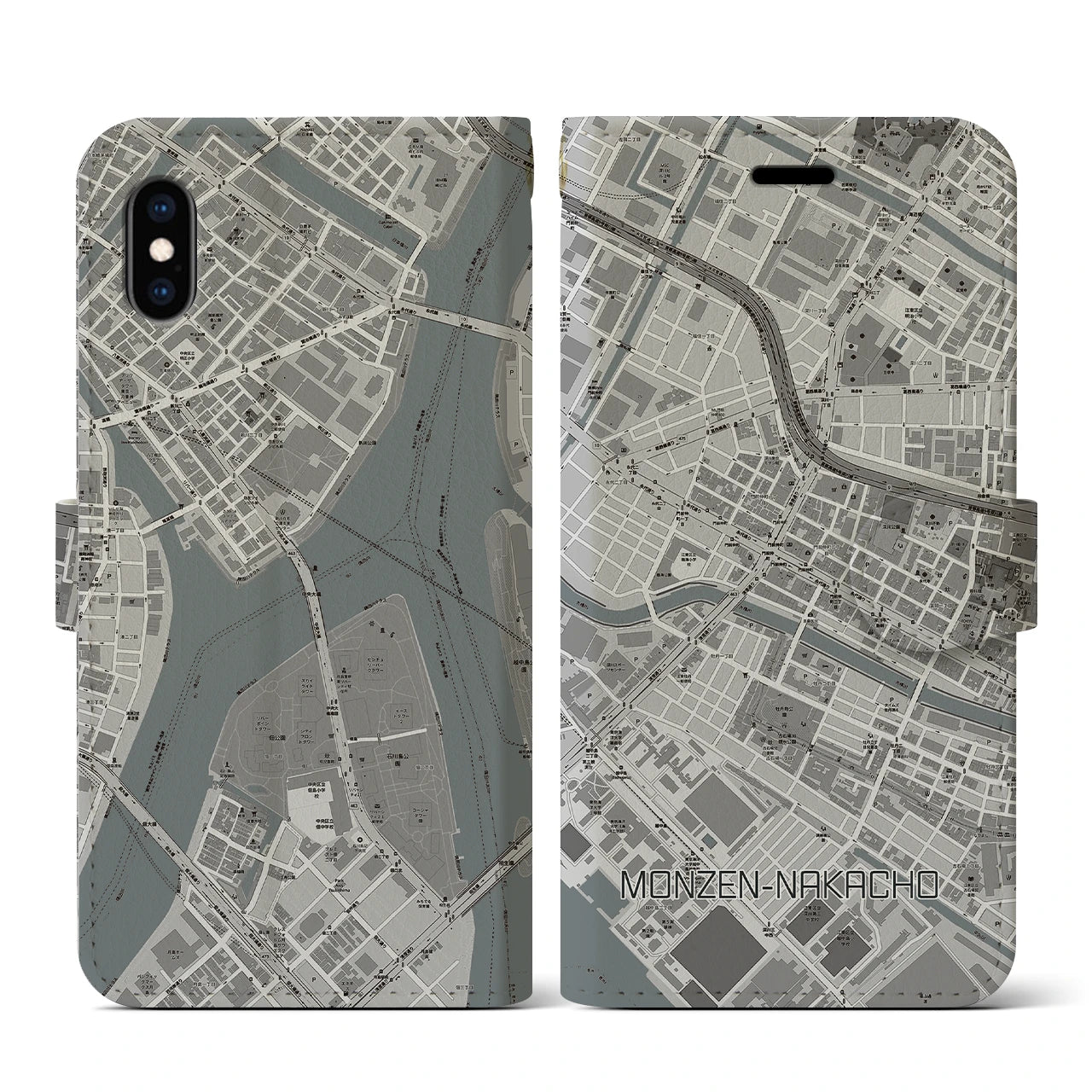 【門前仲町(東京都)】地図柄iPhoneケース(手帳タイプ)モノトーン・iPhone XS / X 用