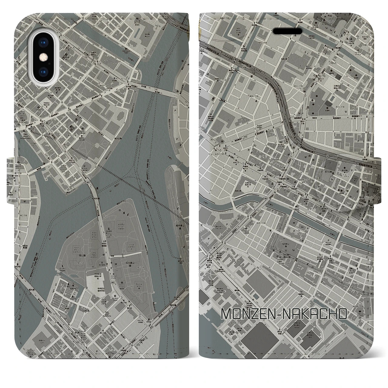 【門前仲町(東京都)】地図柄iPhoneケース(手帳タイプ)モノトーン・iPhone XS Max 用