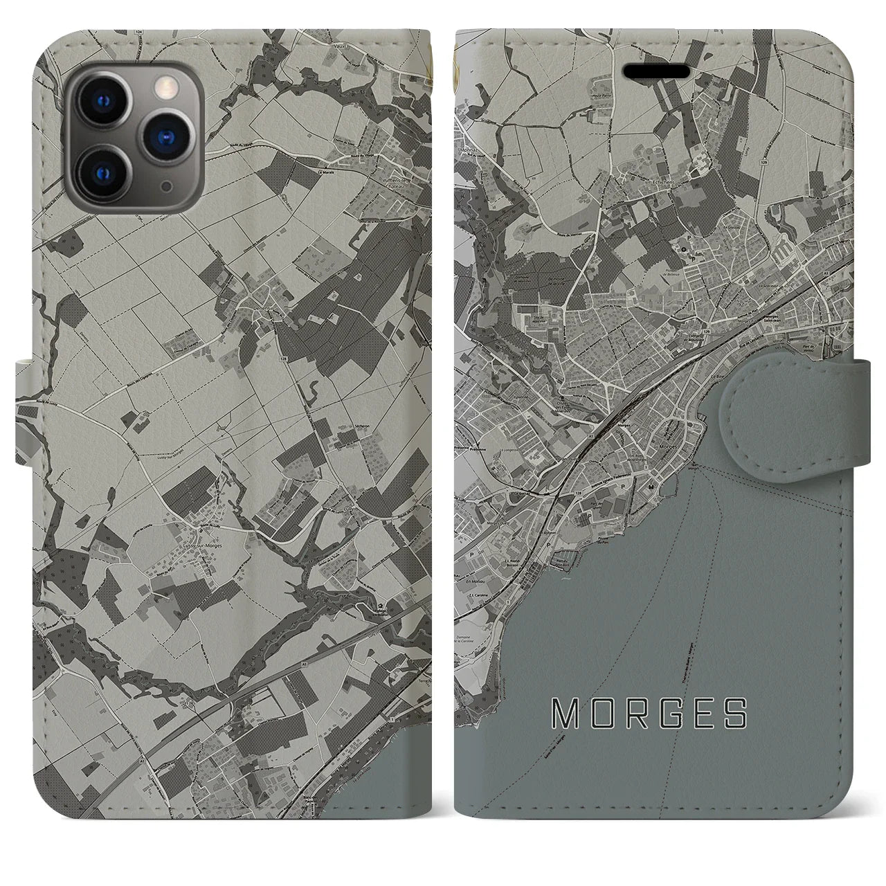 【モルジュ(スイス)】地図柄iPhoneケース(手帳タイプ)モノトーン・iPhone 11 Pro Max 用