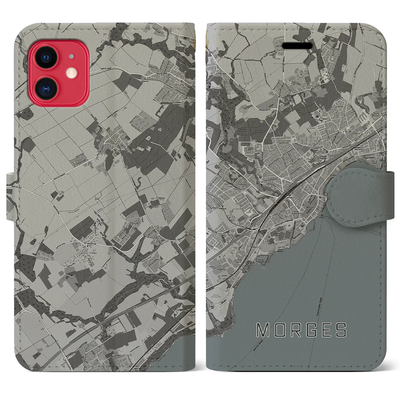 【モルジュ(スイス)】地図柄iPhoneケース(手帳タイプ)モノトーン・iPhone 11 用