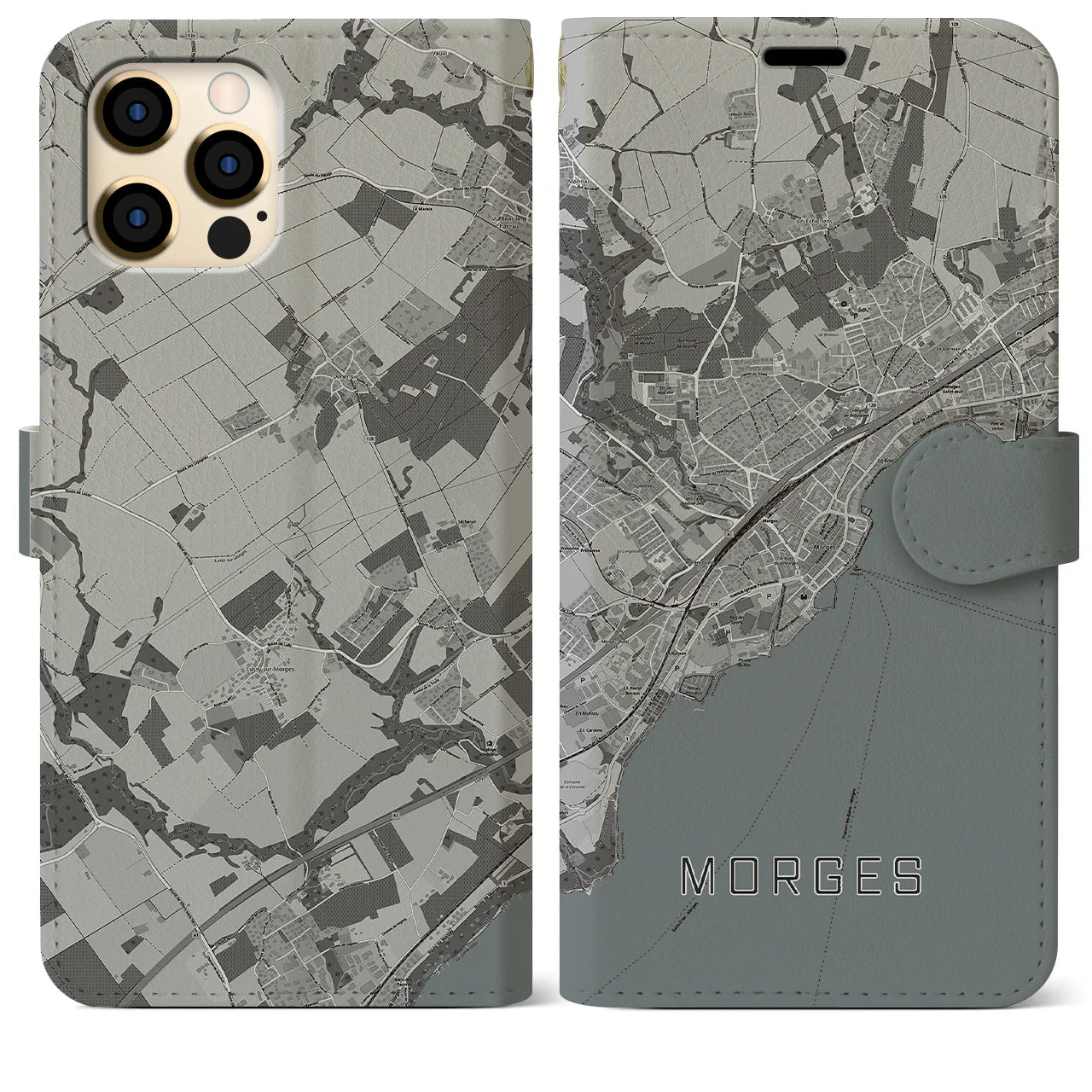 【モルジュ(スイス)】地図柄iPhoneケース(手帳タイプ)モノトーン・iPhone 12 Pro Max 用