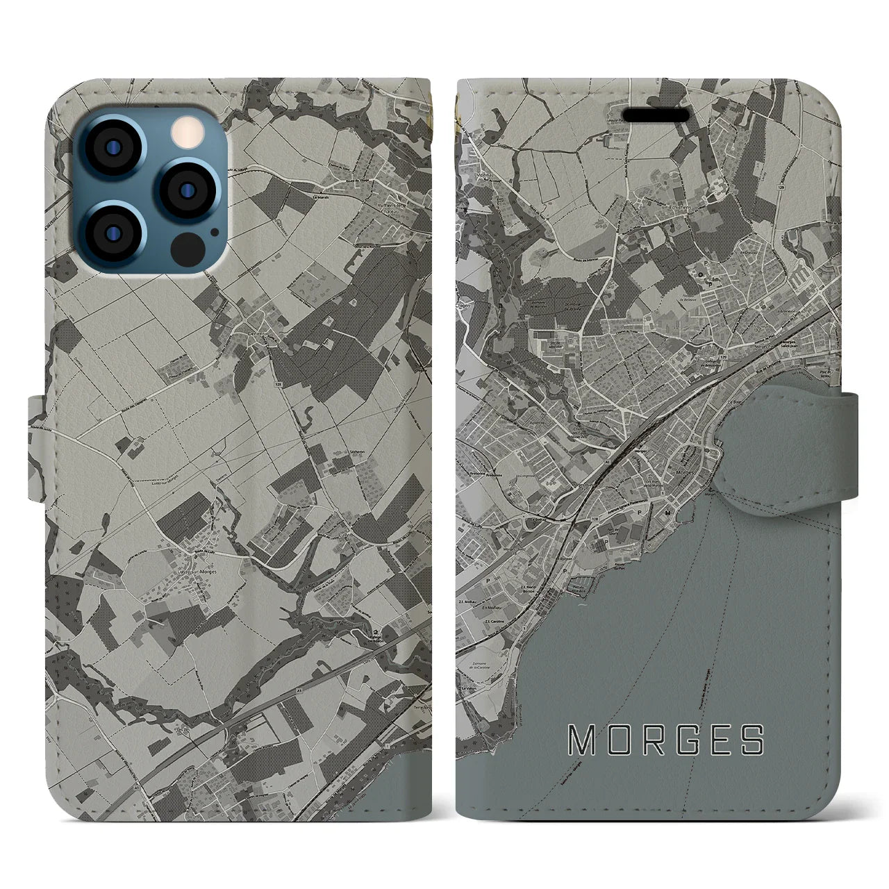 【モルジュ(スイス)】地図柄iPhoneケース(手帳タイプ)モノトーン・iPhone 12 / 12 Pro 用