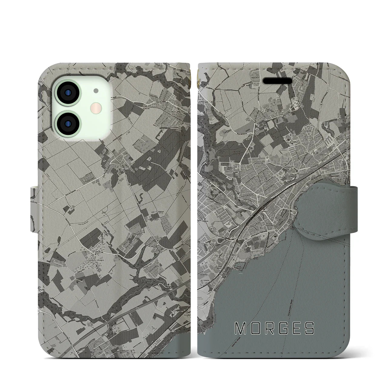 【モルジュ(スイス)】地図柄iPhoneケース(手帳タイプ)モノトーン・iPhone 12 mini 用