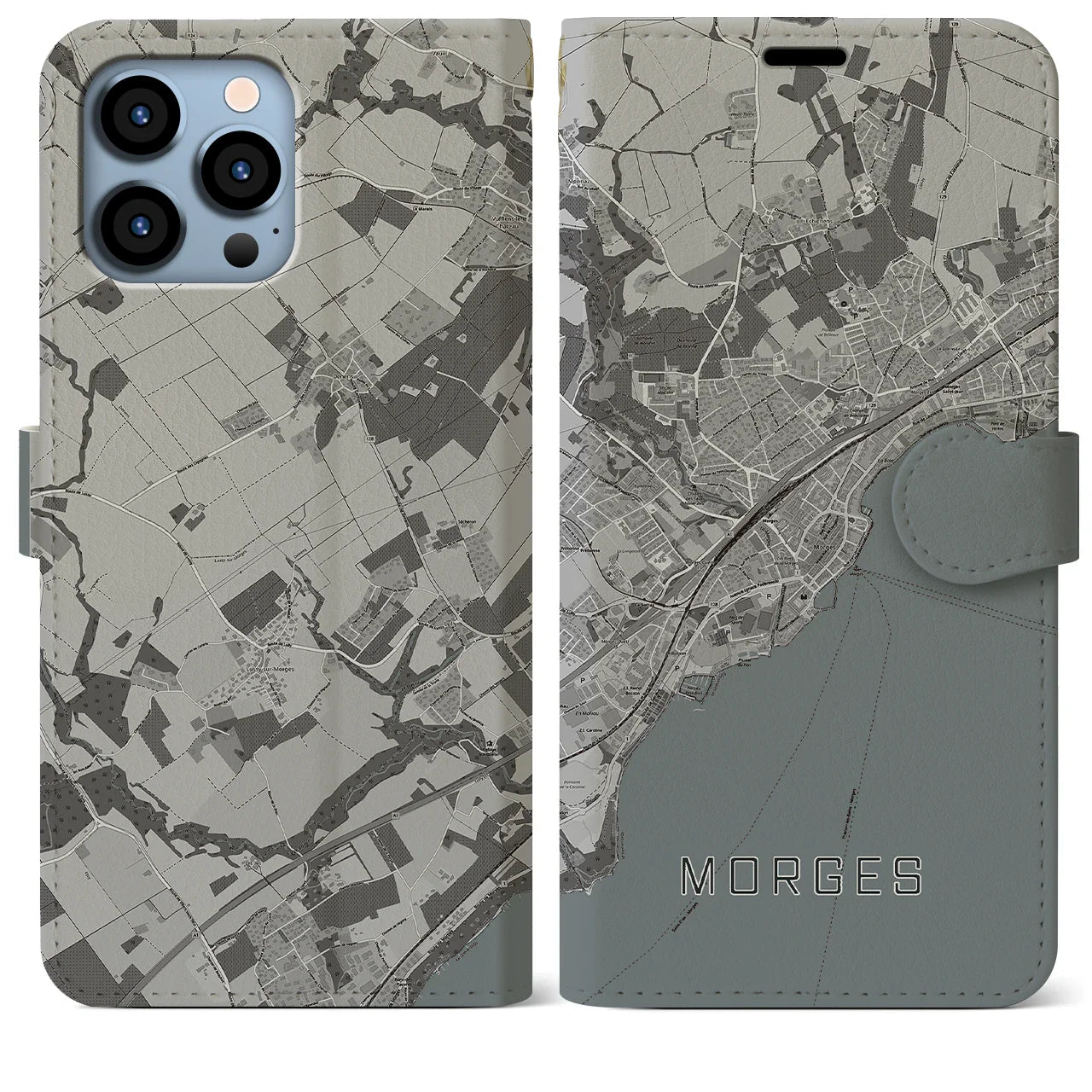 【モルジュ(スイス)】地図柄iPhoneケース(手帳タイプ)モノトーン・iPhone 13 Pro Max 用