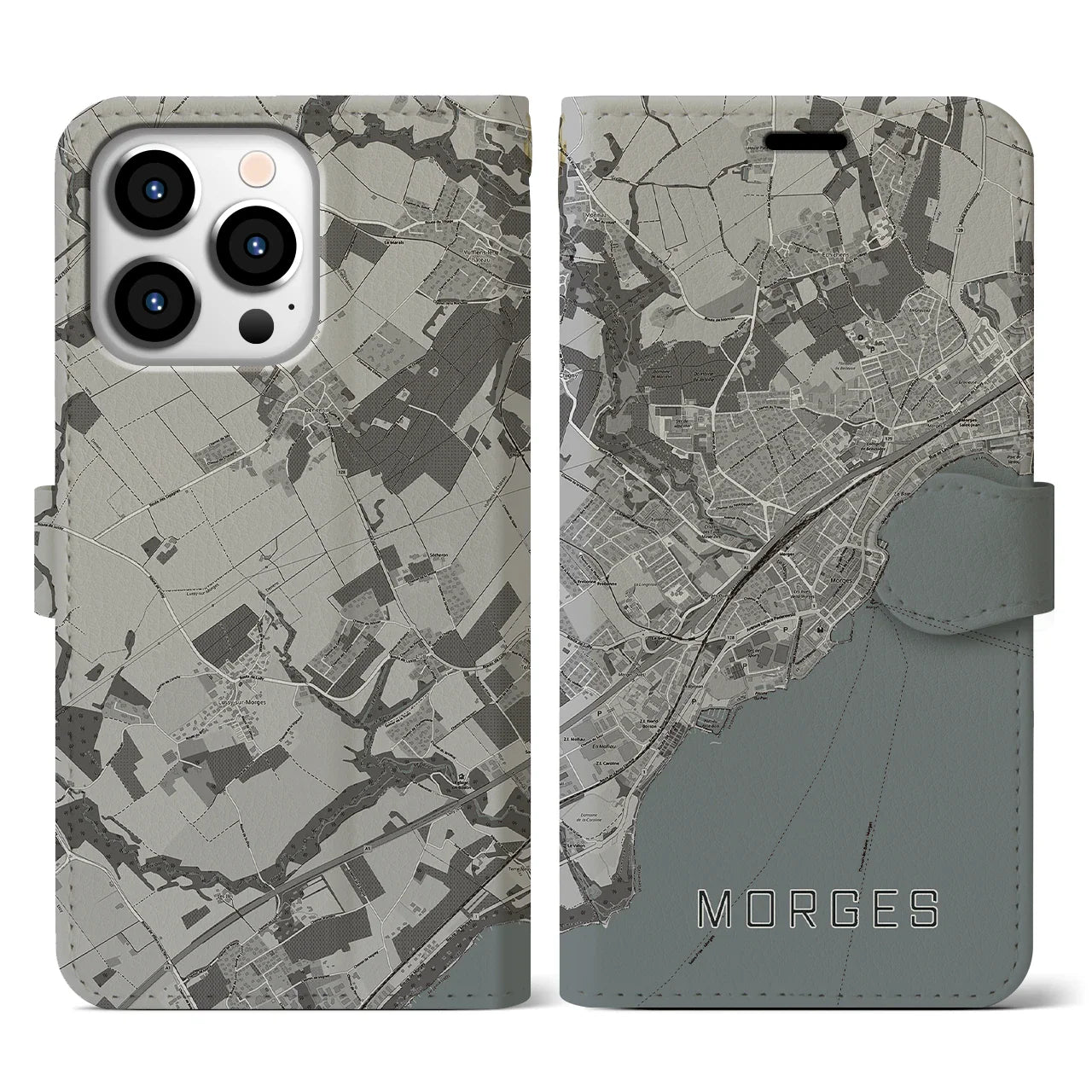 【モルジュ(スイス)】地図柄iPhoneケース(手帳タイプ)モノトーン・iPhone 13 Pro 用