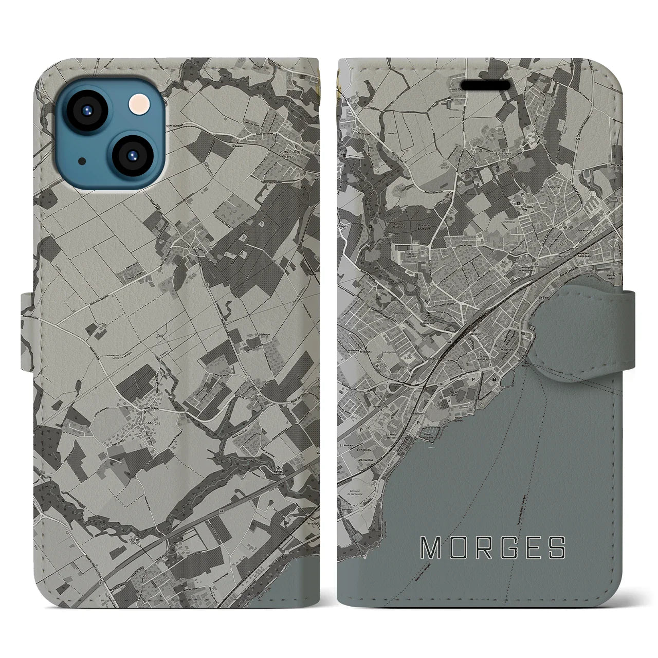 【モルジュ(スイス)】地図柄iPhoneケース(手帳タイプ)モノトーン・iPhone 13 用