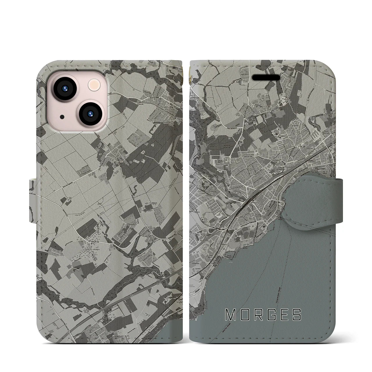 【モルジュ(スイス)】地図柄iPhoneケース(手帳タイプ)モノトーン・iPhone 13 mini 用
