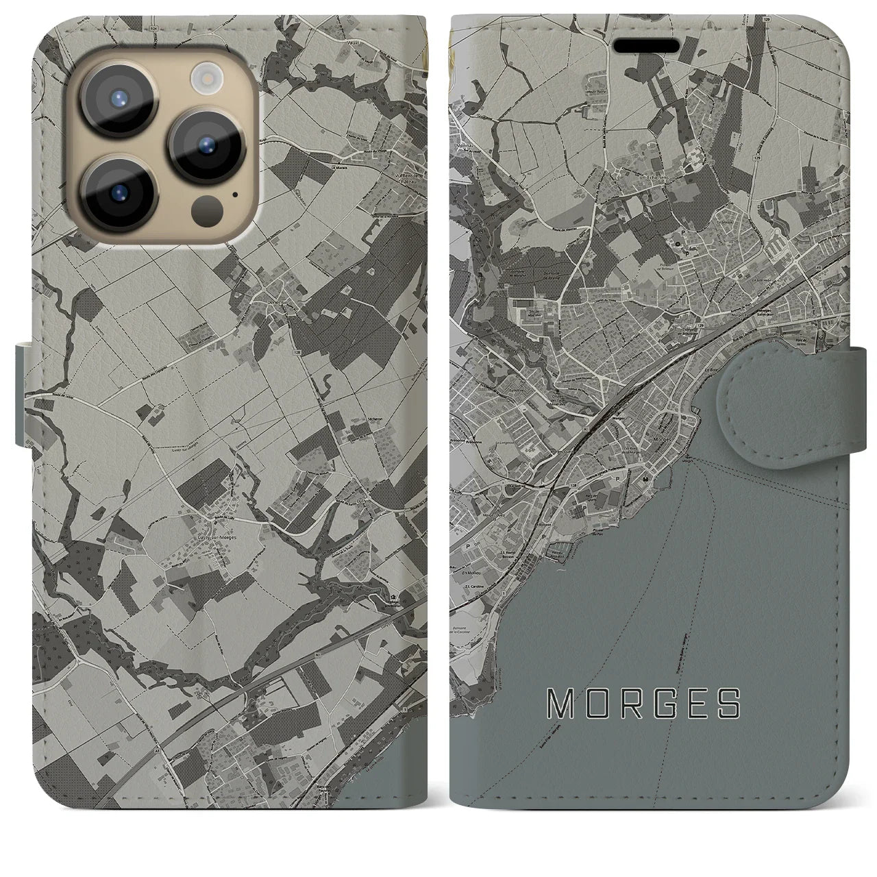 【モルジュ(スイス)】地図柄iPhoneケース(手帳タイプ)モノトーン・iPhone 14 Pro Max 用