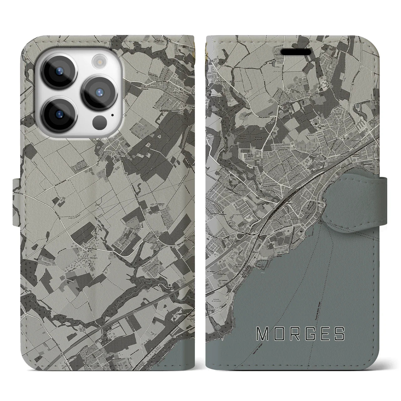 【モルジュ(スイス)】地図柄iPhoneケース(手帳タイプ)モノトーン・iPhone 14 Pro 用