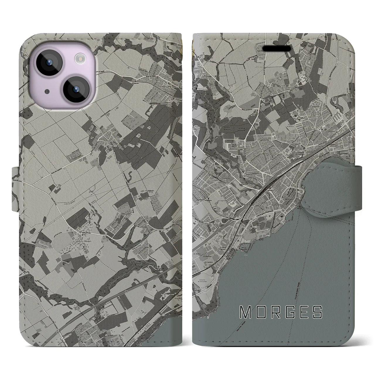 【モルジュ(スイス)】地図柄iPhoneケース(手帳タイプ)モノトーン・iPhone 14 用