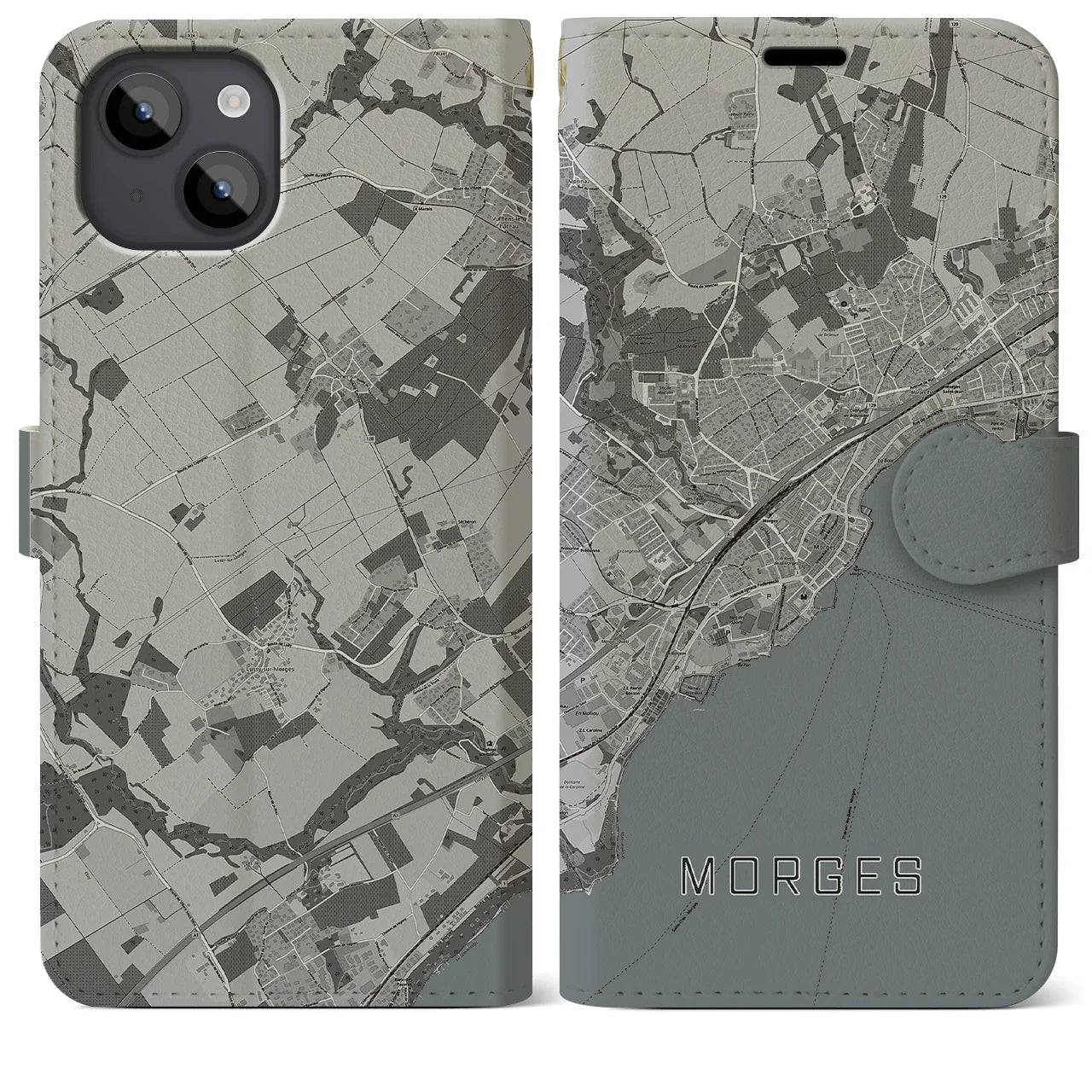 【モルジュ(スイス)】地図柄iPhoneケース(手帳タイプ)モノトーン・iPhone 14 Plus 用