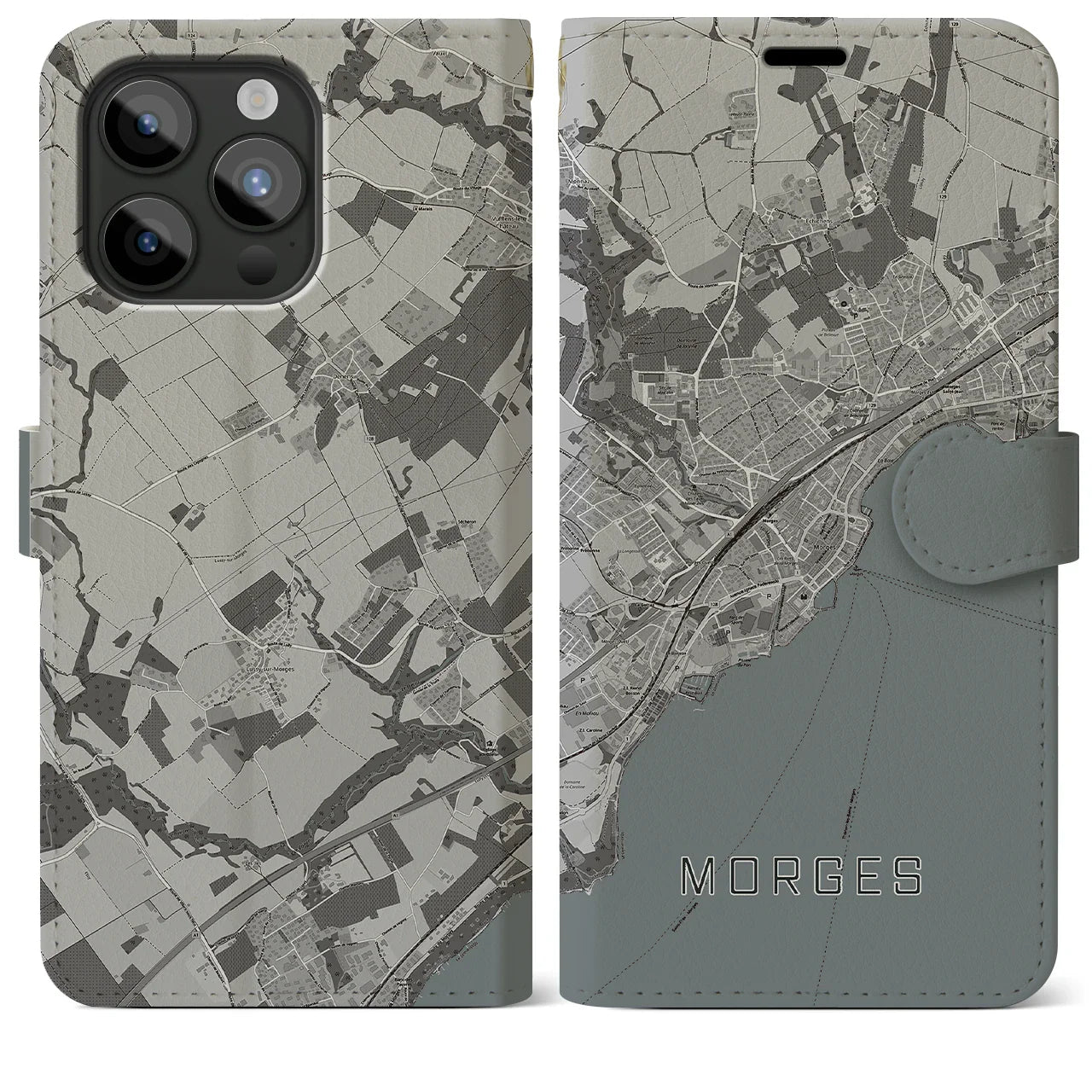 【モルジュ(スイス)】地図柄iPhoneケース(手帳タイプ)モノトーン・iPhone 15 Pro Max 用