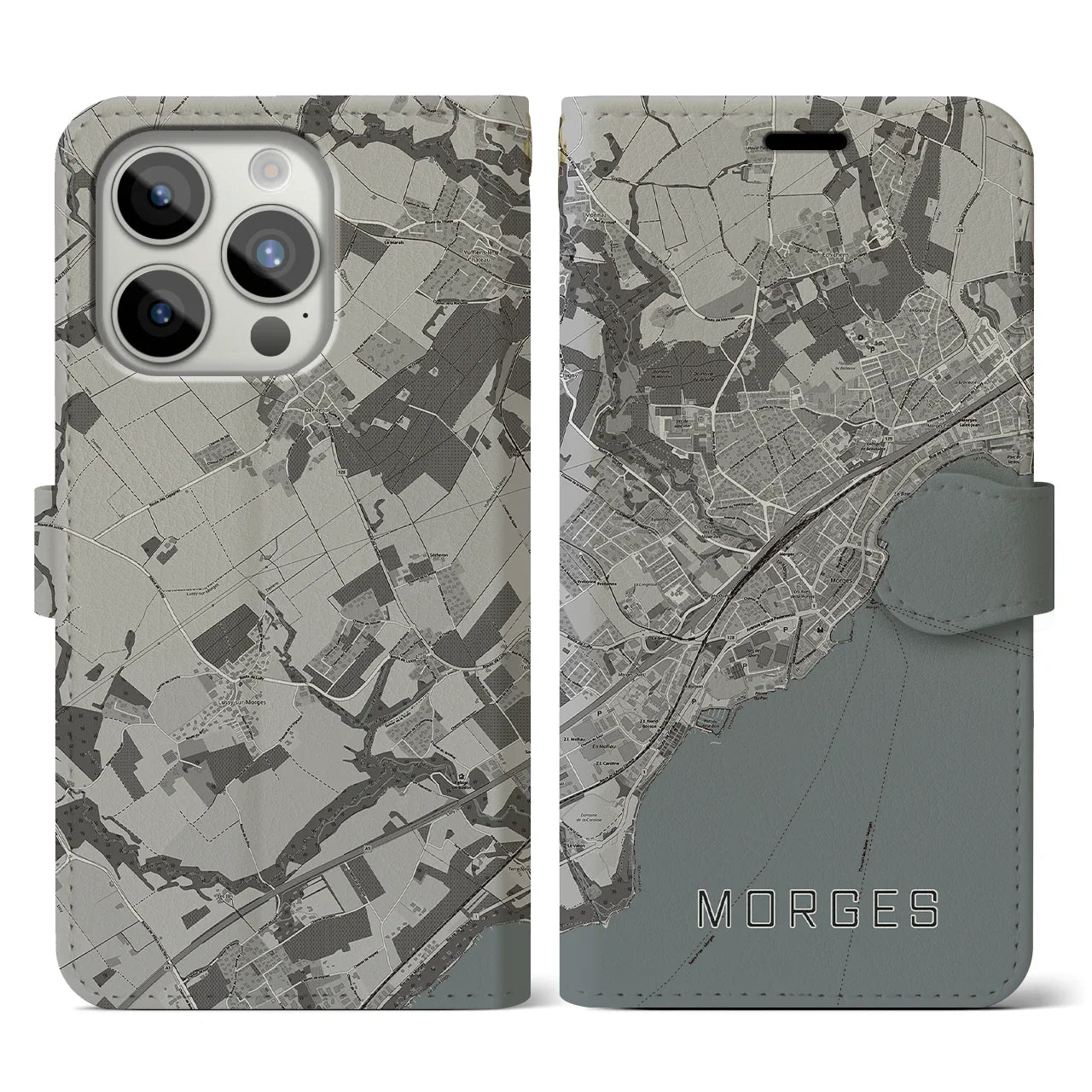 【モルジュ(スイス)】地図柄iPhoneケース(手帳タイプ)モノトーン・iPhone 15 Pro 用