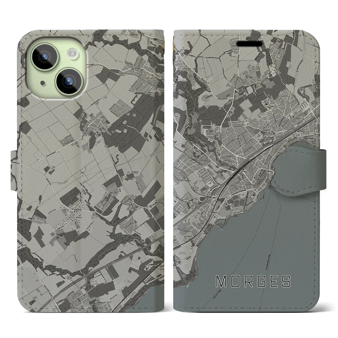 【モルジュ(スイス)】地図柄iPhoneケース(手帳タイプ)モノトーン・iPhone 15 用