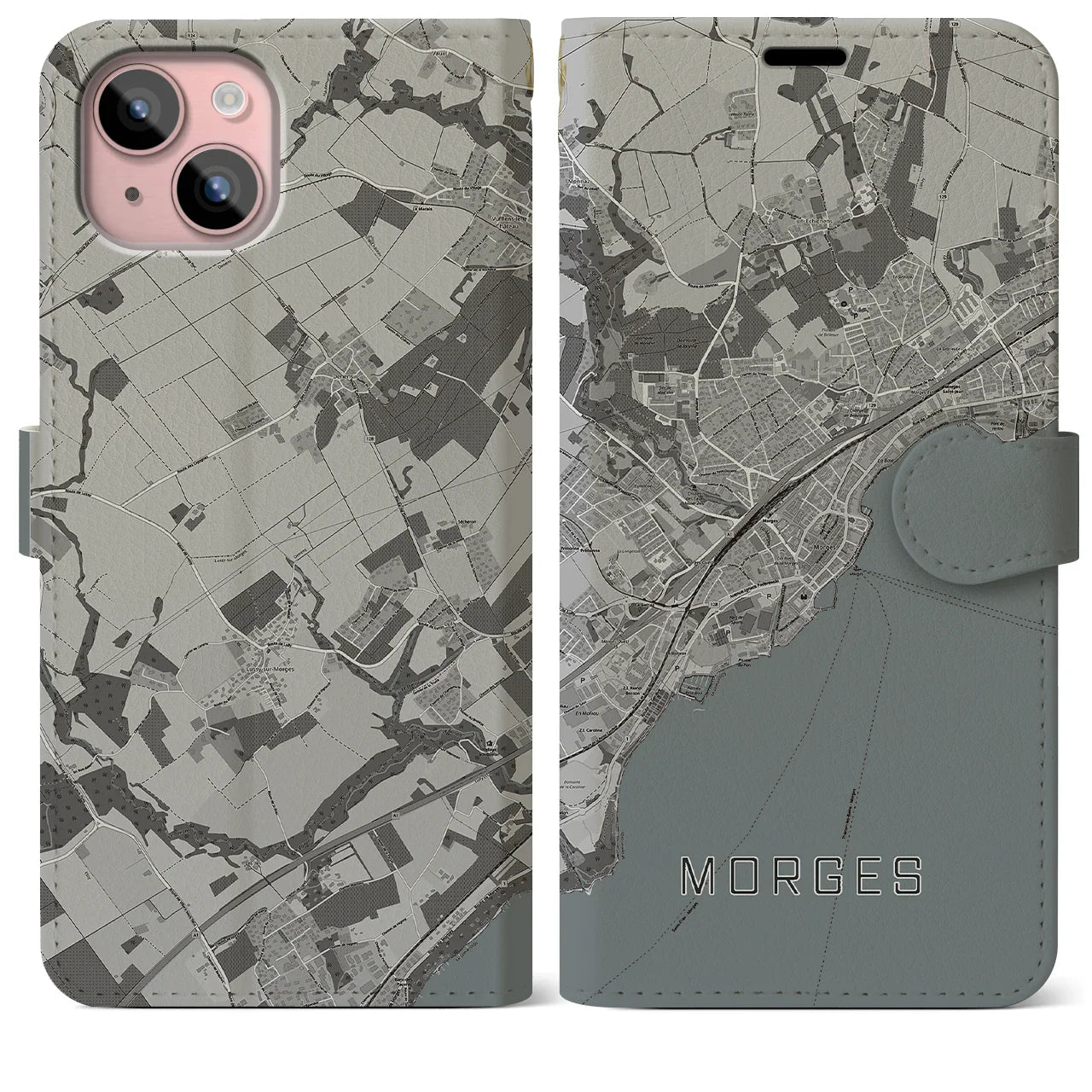 【モルジュ(スイス)】地図柄iPhoneケース(手帳タイプ)モノトーン・iPhone 15 Plus 用