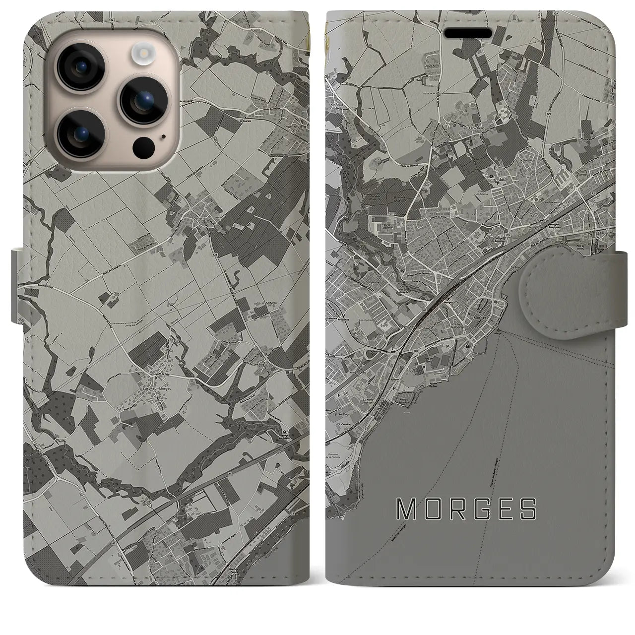 【モルジュ(スイス)】地図柄iPhoneケース(手帳タイプ)モノトーン・iPhone 16 Plus 用