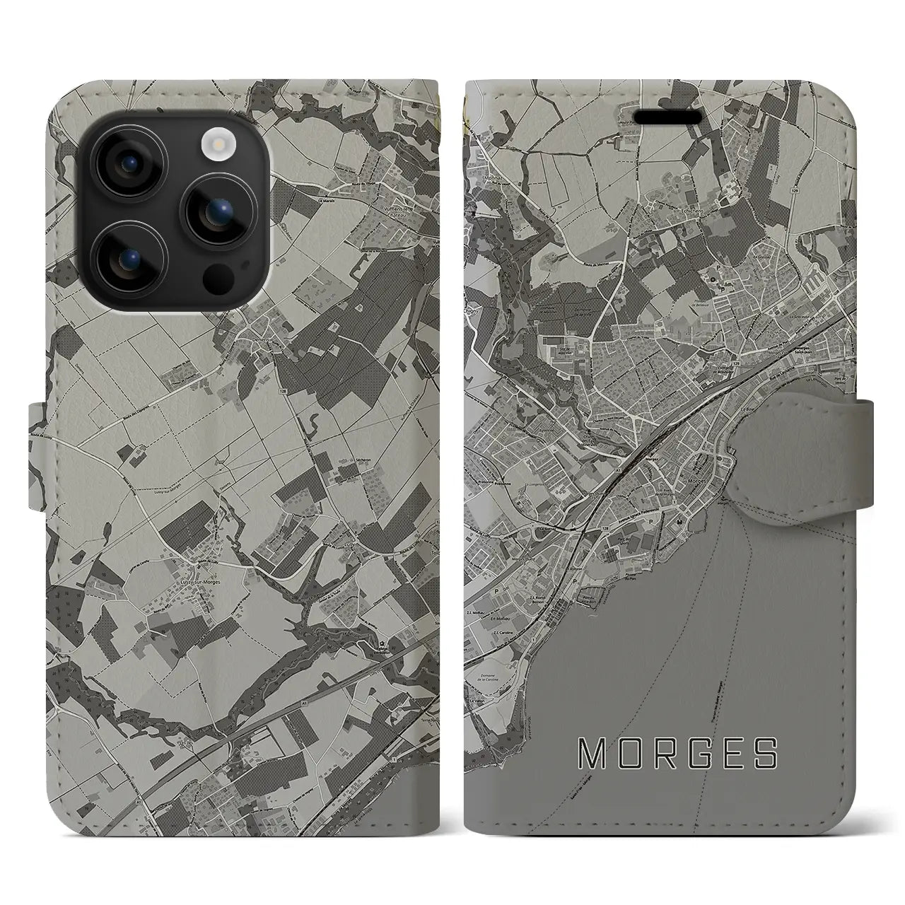 【モルジュ(スイス)】地図柄iPhoneケース(手帳タイプ)モノトーン・iPhone 16 用