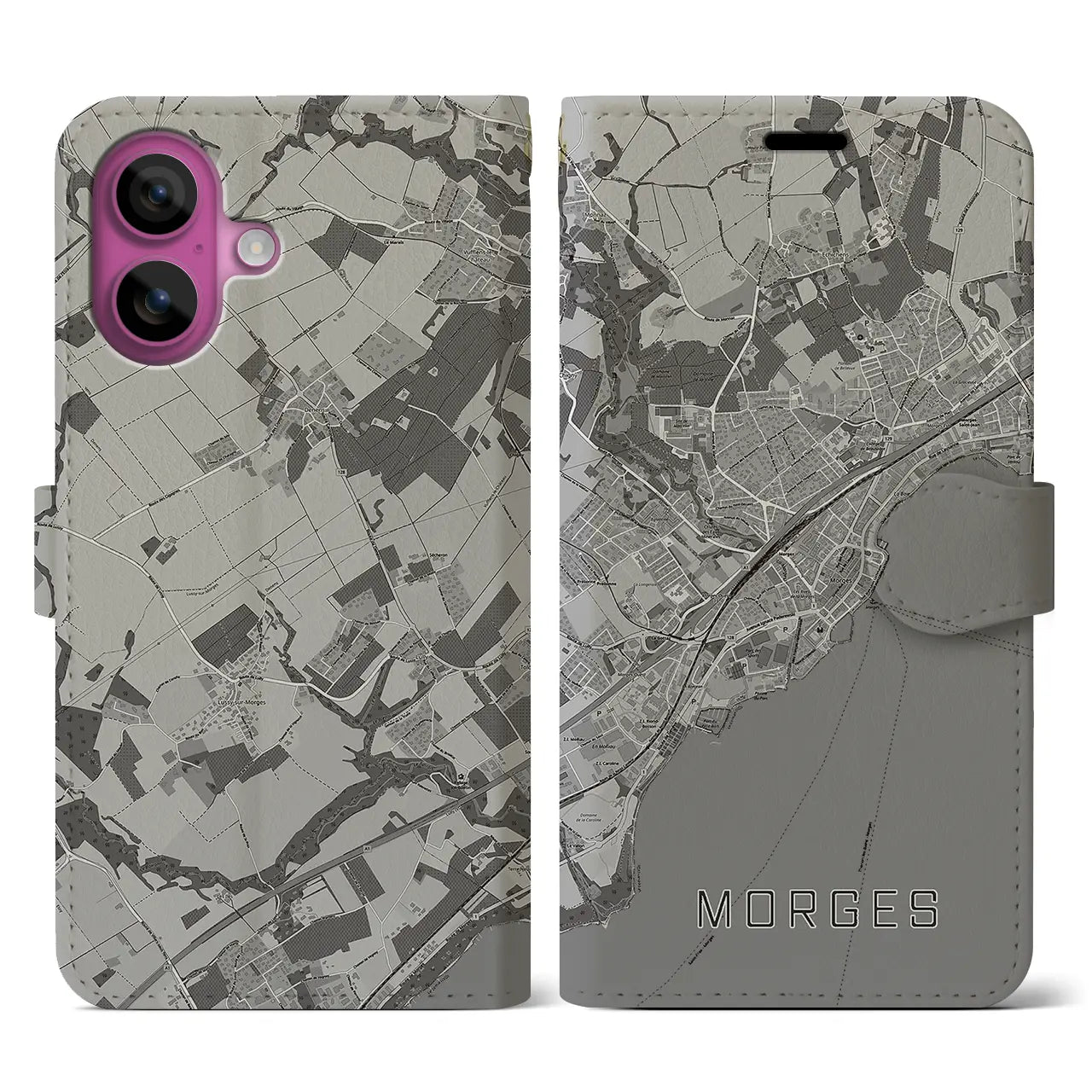 【モルジュ(スイス)】地図柄iPhoneケース(手帳タイプ)モノトーン・iPhone 16 Pro 用