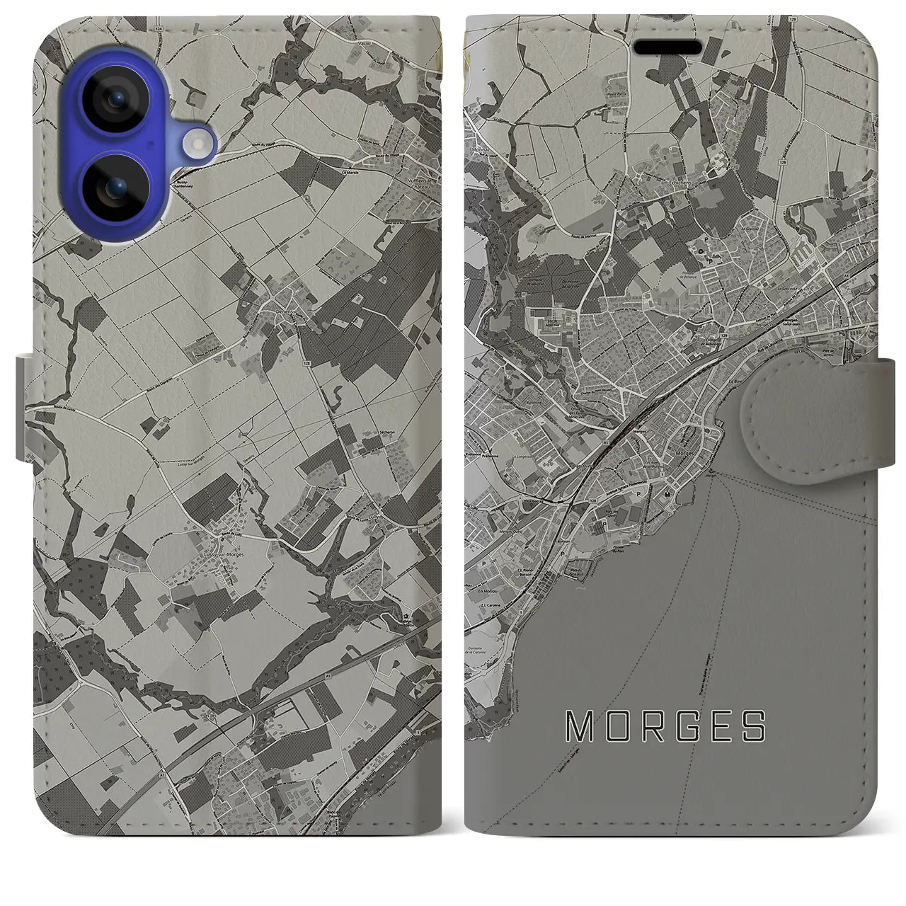 【モルジュ(スイス)】地図柄iPhoneケース(手帳タイプ)モノトーン・iPhone 16 Pro Max 用