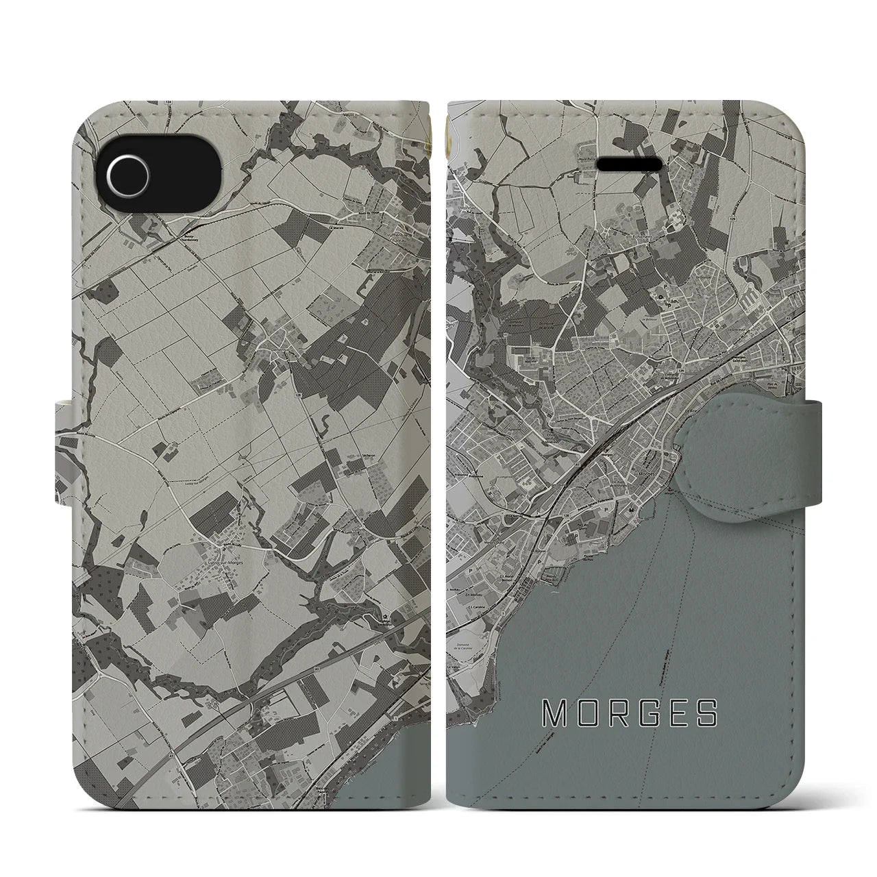 【モルジュ(スイス)】地図柄iPhoneケース(手帳タイプ)モノトーン・iPhone SE(第3 / 第2世代) / 8 / 7 / 6s / 6 用
