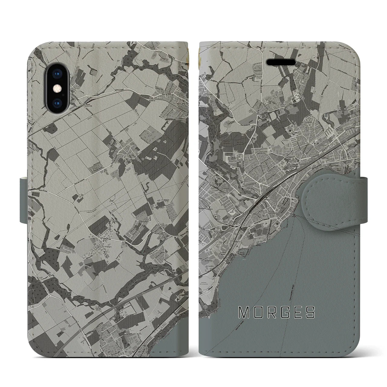 【モルジュ(スイス)】地図柄iPhoneケース(手帳タイプ)モノトーン・iPhone XS / X 用