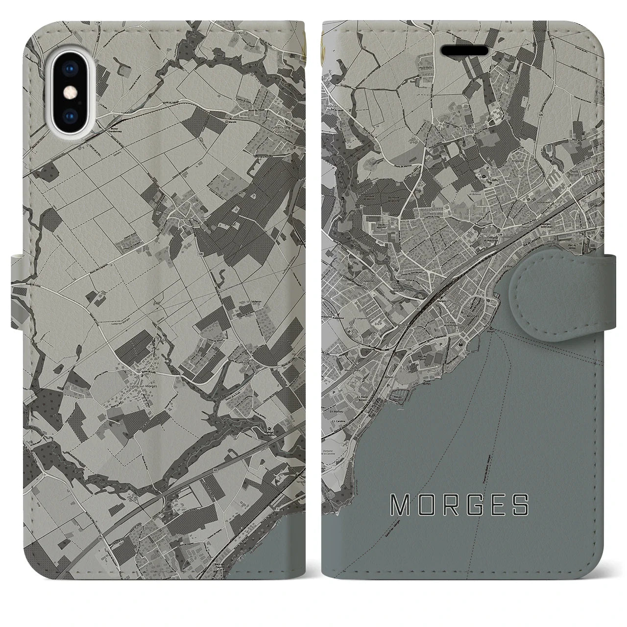 【モルジュ(スイス)】地図柄iPhoneケース(手帳タイプ)モノトーン・iPhone XS Max 用