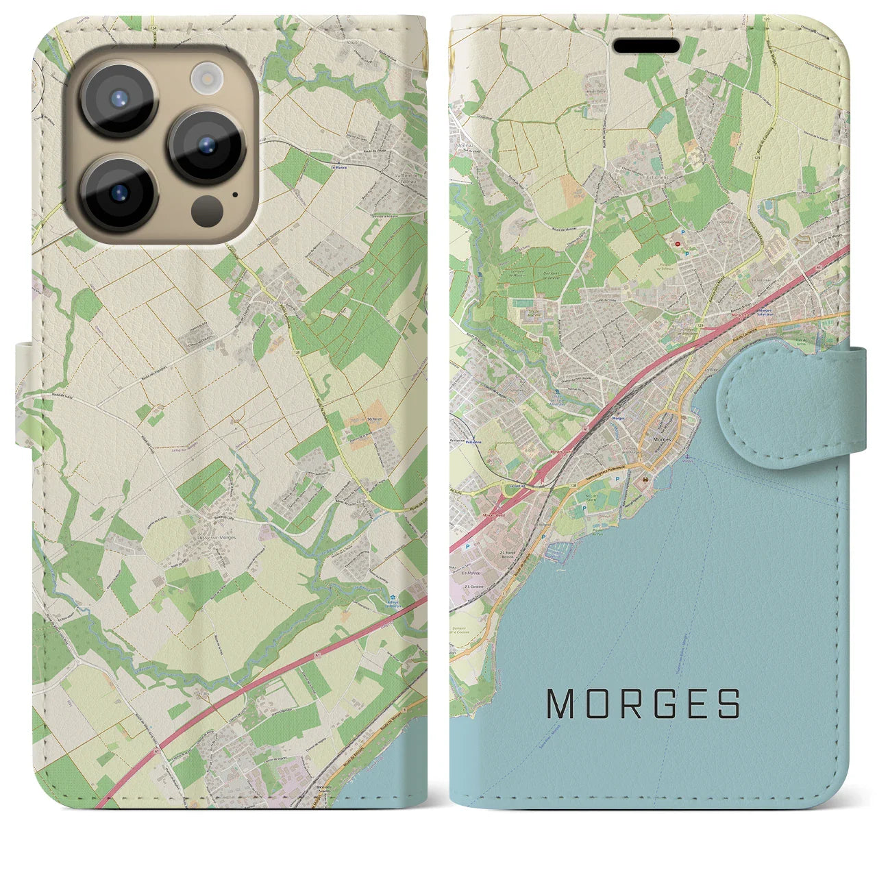 【モルジュ(スイス)】地図柄iPhoneケース(手帳タイプ)ナチュラル・iPhone 14 Pro Max 用