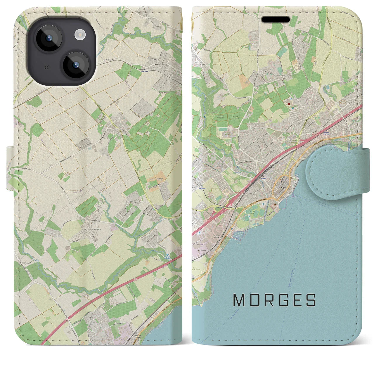 【モルジュ(スイス)】地図柄iPhoneケース(手帳タイプ)ナチュラル・iPhone 14 Plus 用
