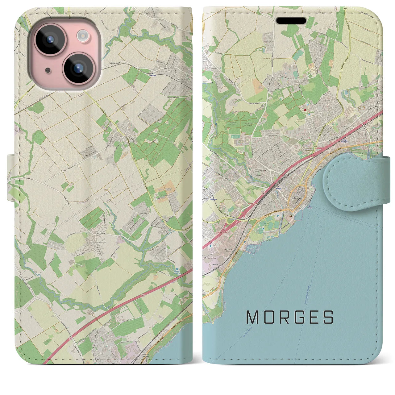 【モルジュ(スイス)】地図柄iPhoneケース(手帳タイプ)ナチュラル・iPhone 15 Plus 用
