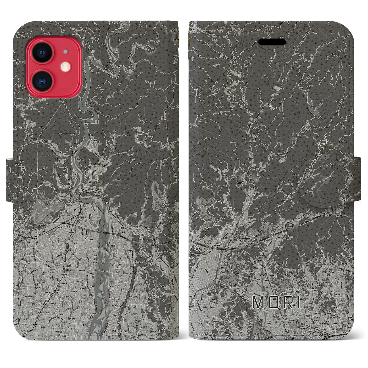 【森(静岡県)】地図柄iPhoneケース(手帳タイプ)モノトーン・iPhone 11 用