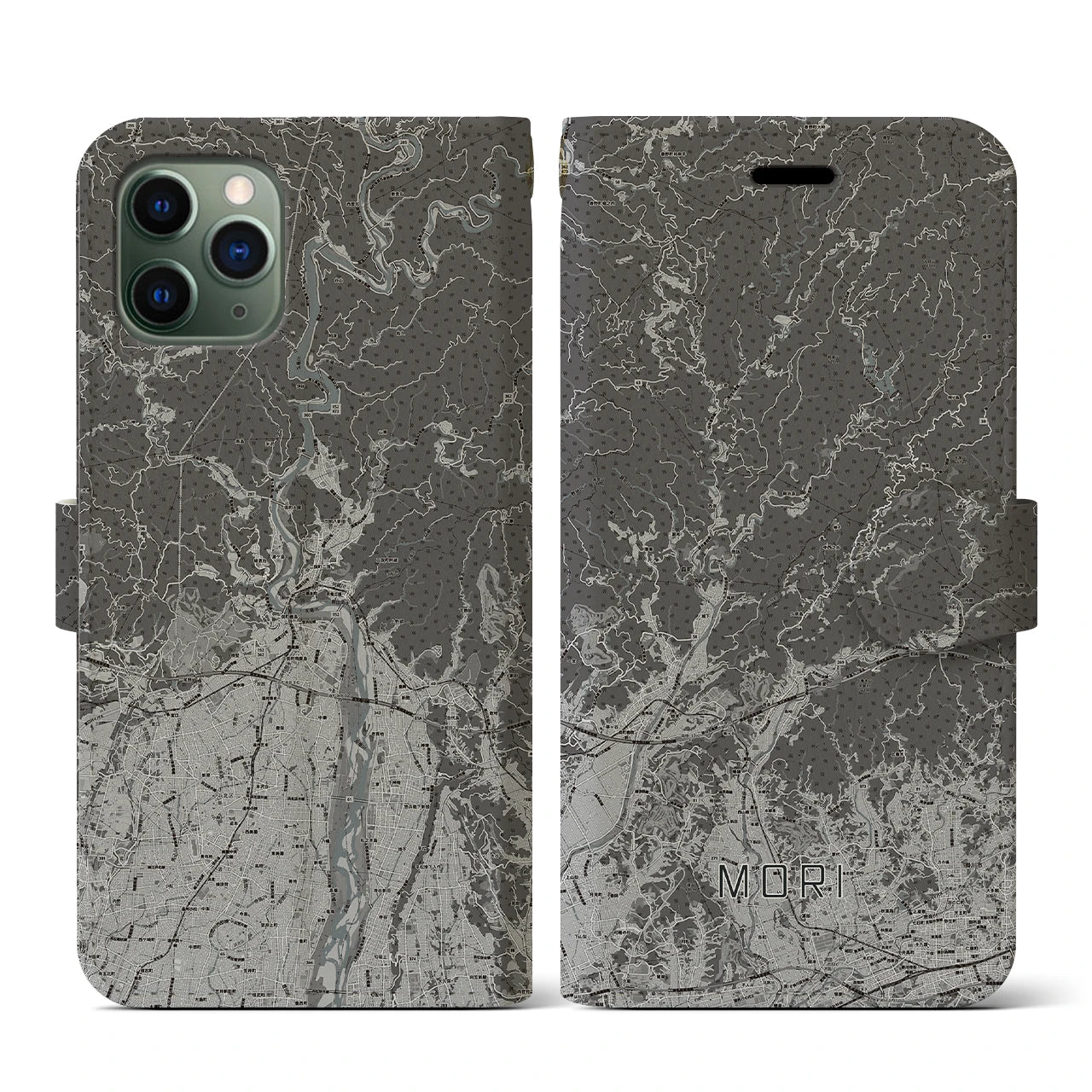 【森(静岡県)】地図柄iPhoneケース(手帳タイプ)モノトーン・iPhone 11 Pro 用