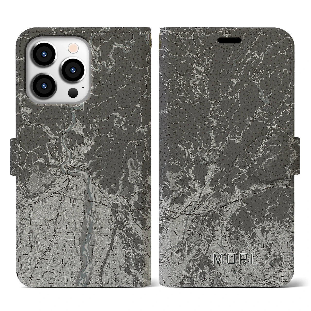 【森(静岡県)】地図柄iPhoneケース(手帳タイプ)モノトーン・iPhone 13 Pro 用